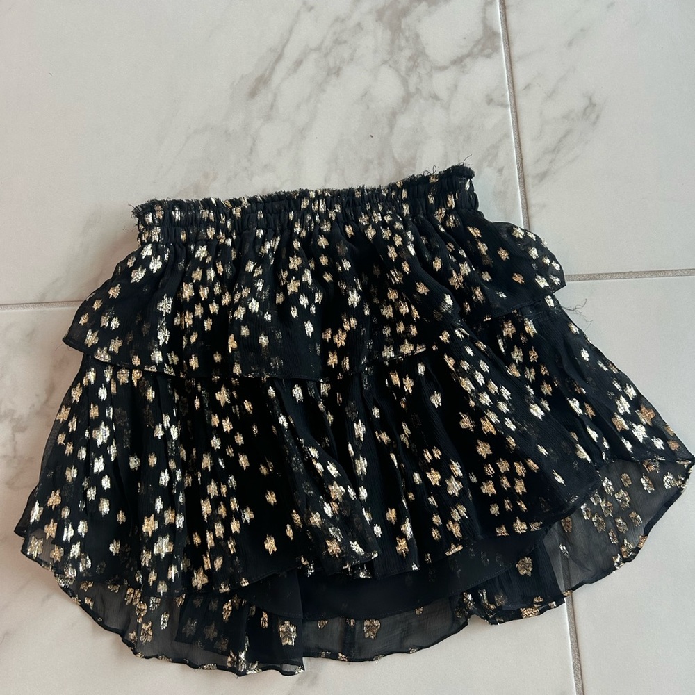 LoveShackFancy Black Mini Skirt with Gold Foil Floral Accents